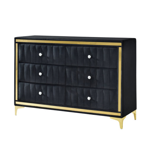 Mercer41 Merijn Velvet 6 Drawer Dresser Fully Assembled with Gold Legs